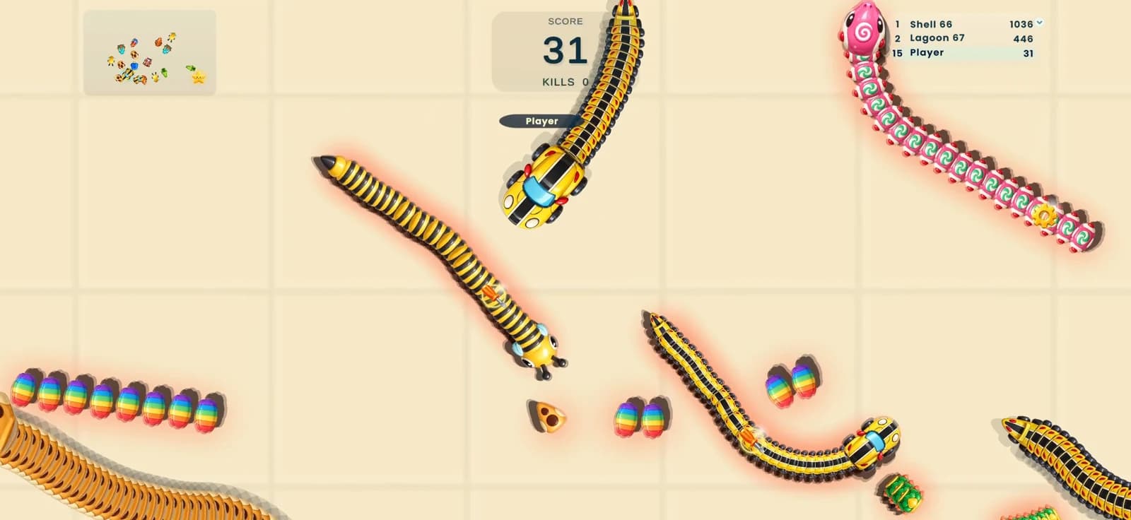 Racer weaving between rival toy snakes and bracelet beads in Coastcoil