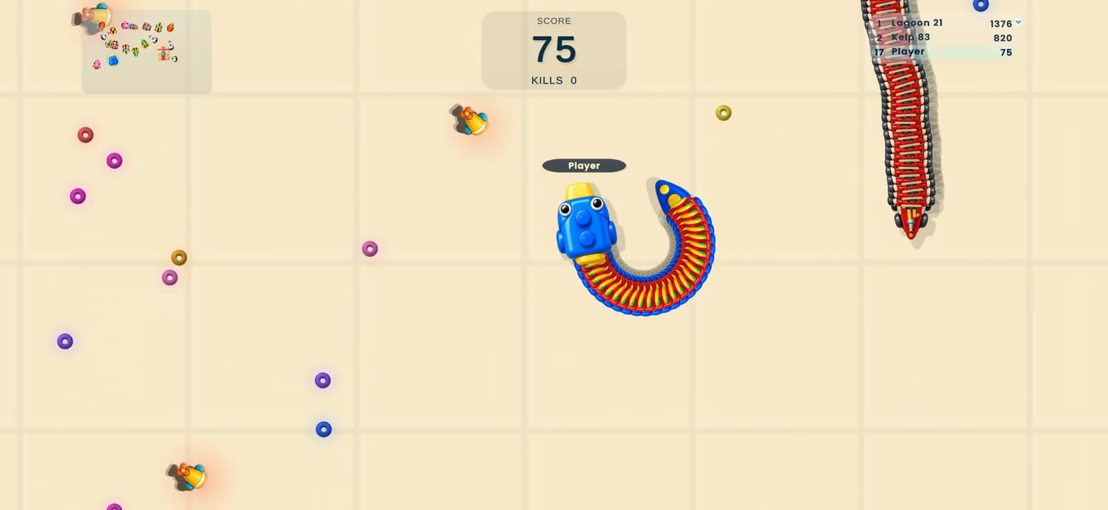 Blocks turning among bracelet beads and rival snakes in Coastcoil