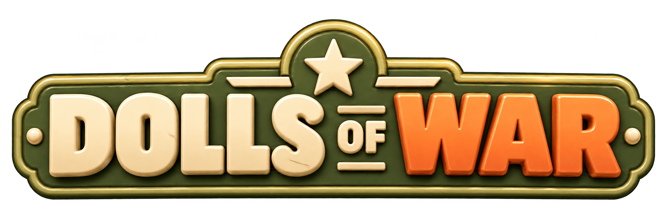 Dolls of War title in cream and orange on an olive miniature military badge