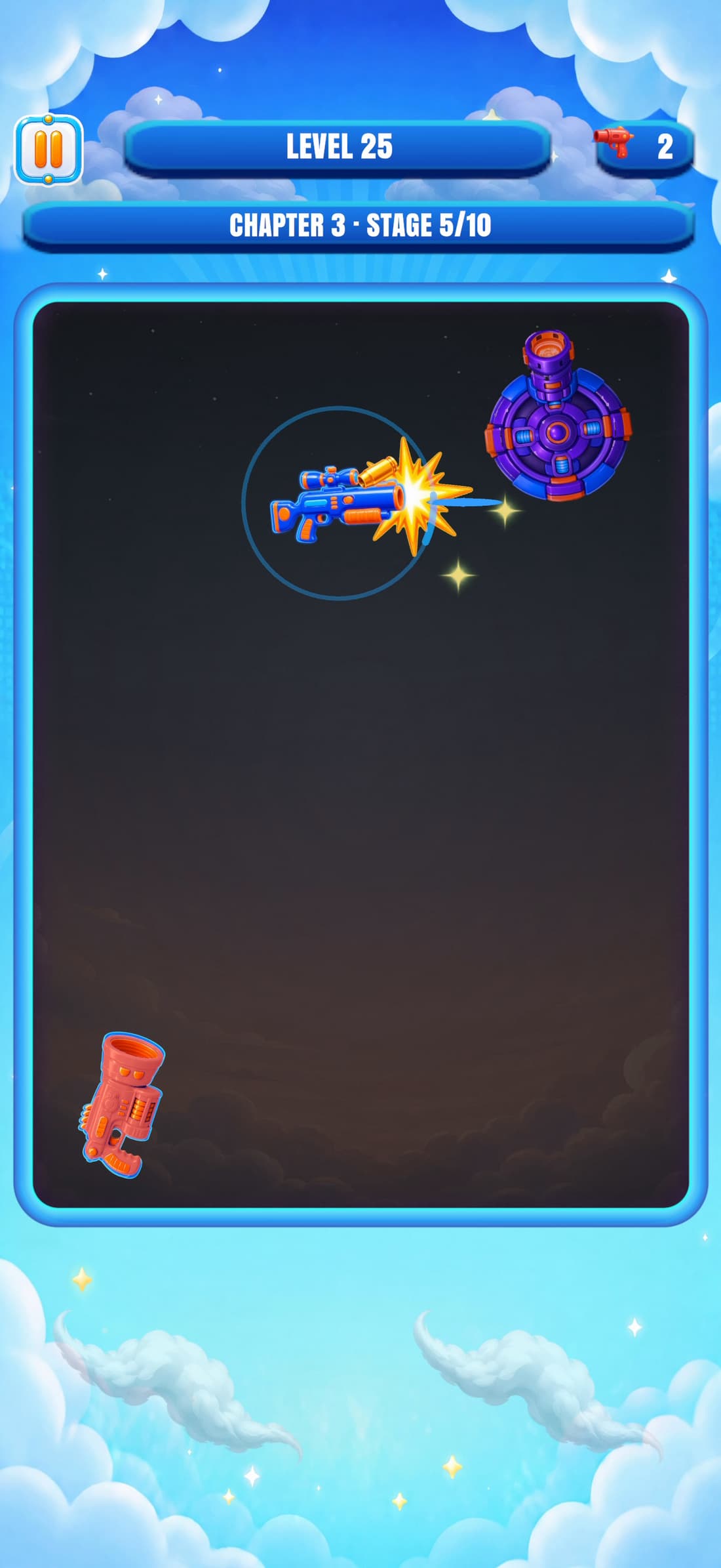 Level 25: the Sniper fires beside a purple turret and an orange opponent