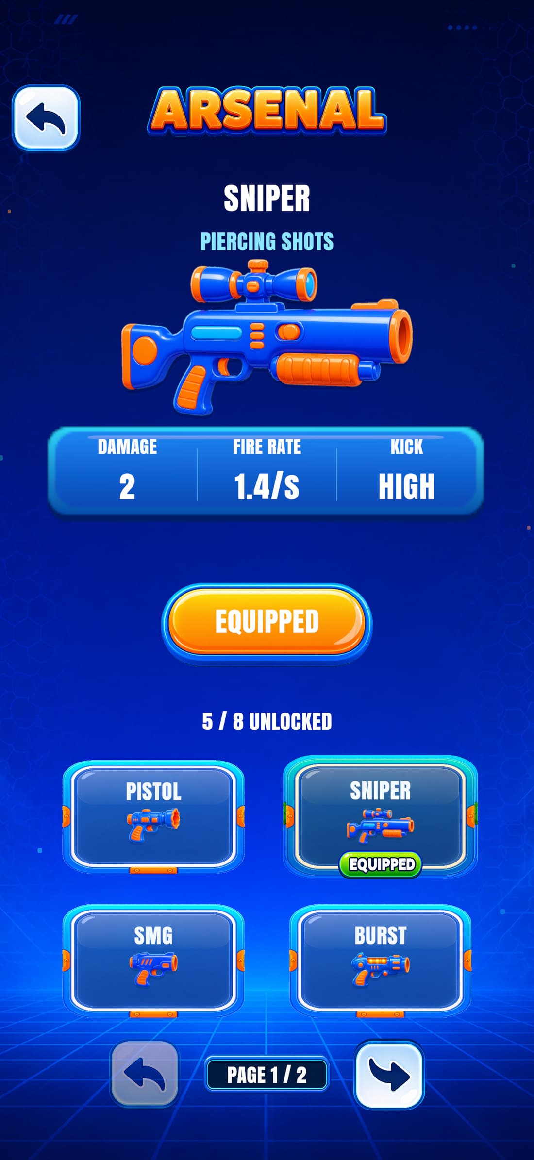 The Arsenal with Sniper equipped, its stats, and five of eight weapons unlocked