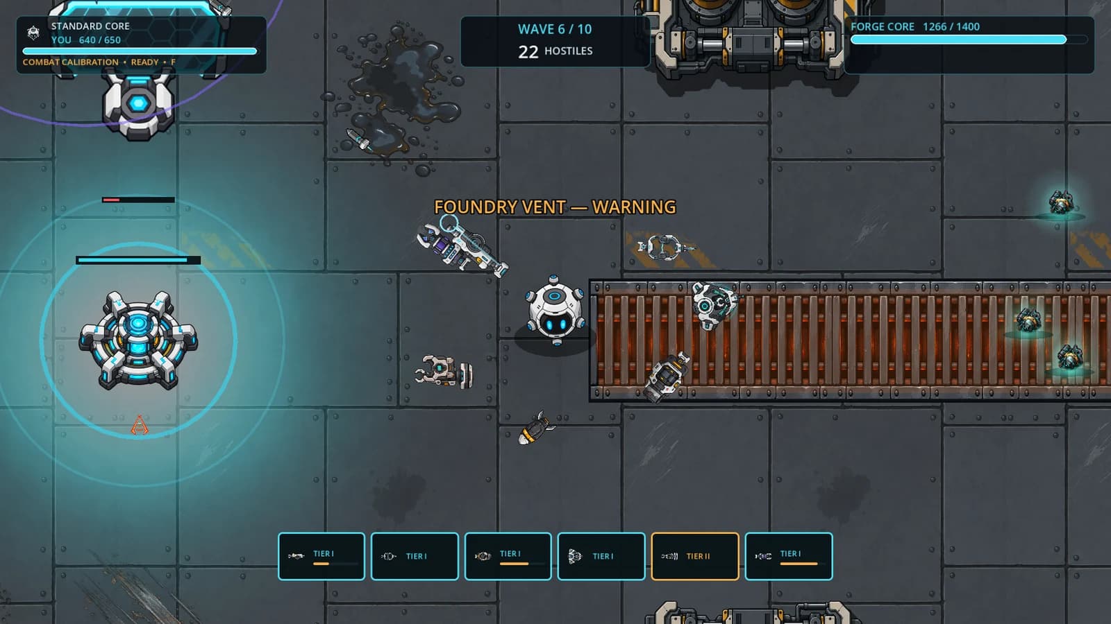 Current UNCONSUMED gameplay with a six-weapon Scrap Core defending the cyan-lit Forge
