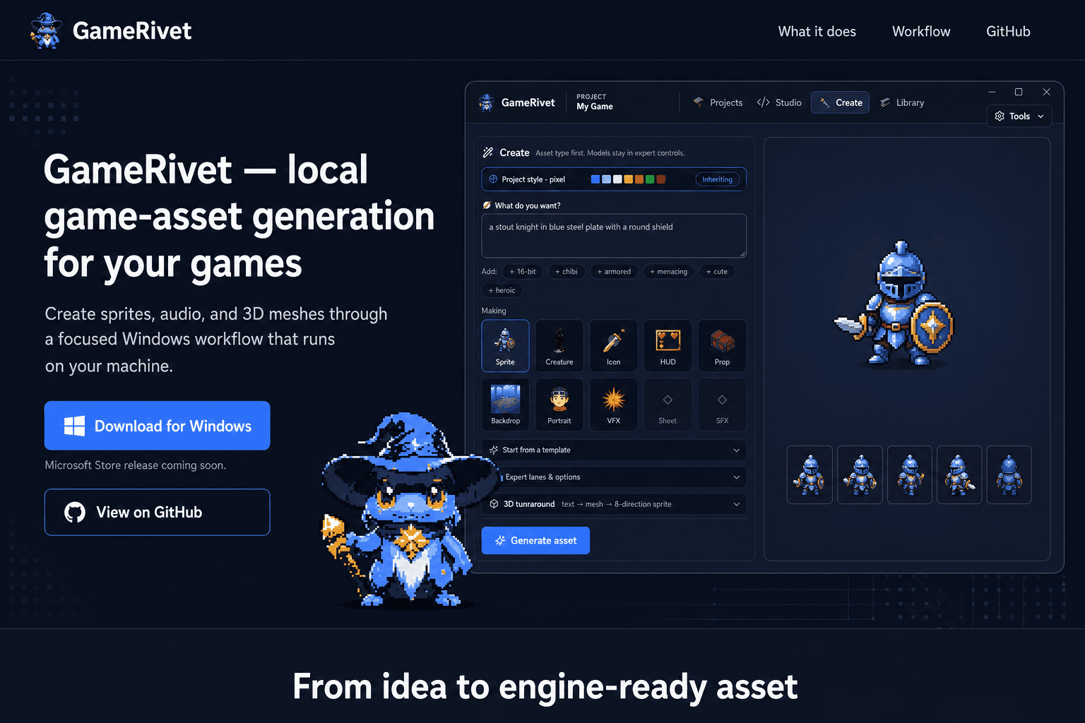 GameRivet Windows Create workspace with asset controls and a blue knight preview