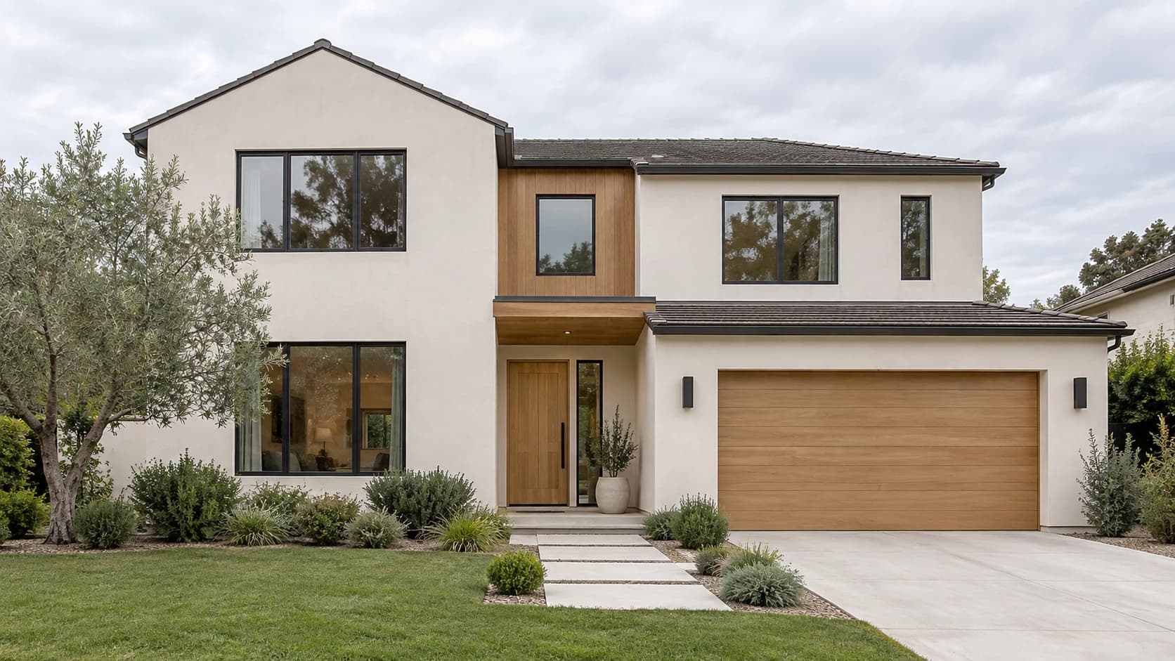 An illustrative two-story home under an overcast daytime sky