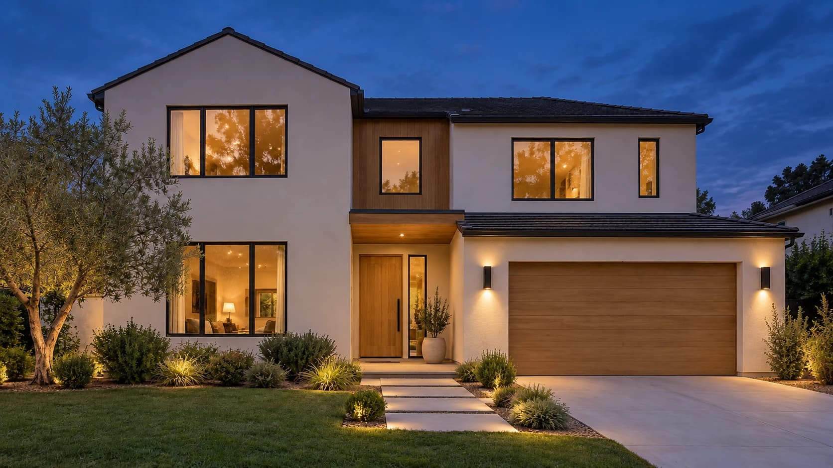 An illustrative home reimagined at blue hour, with warmly lit windows and landscaping