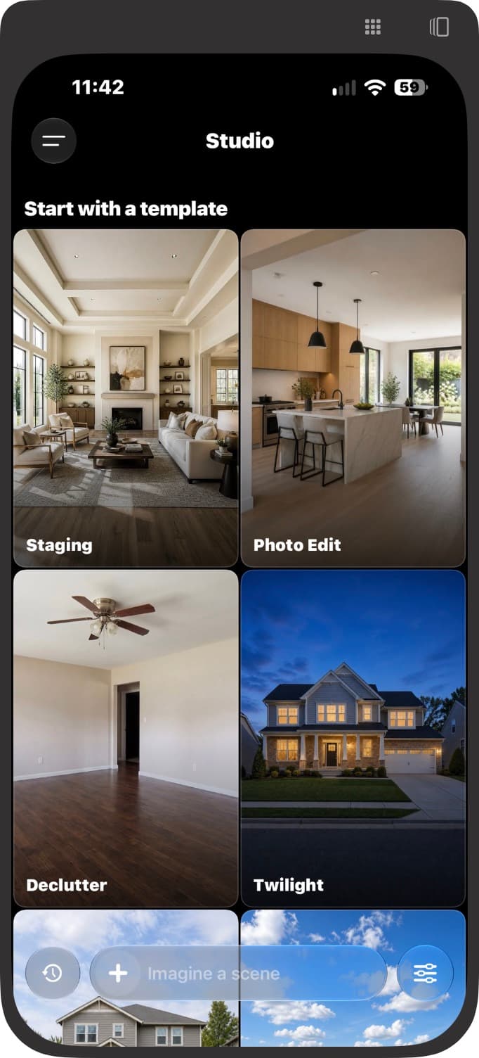 Scenault Studio on iPhone, showing staging, photo edit, declutter, and twilight templates