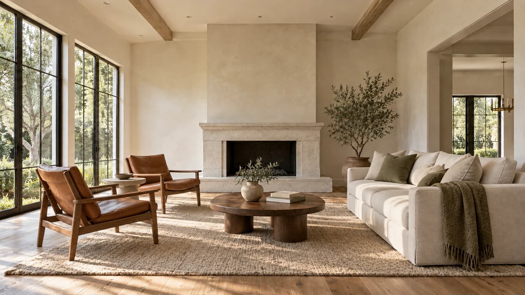 The illustrative living room furnished with a cream sofa, leather chairs and a woven rug